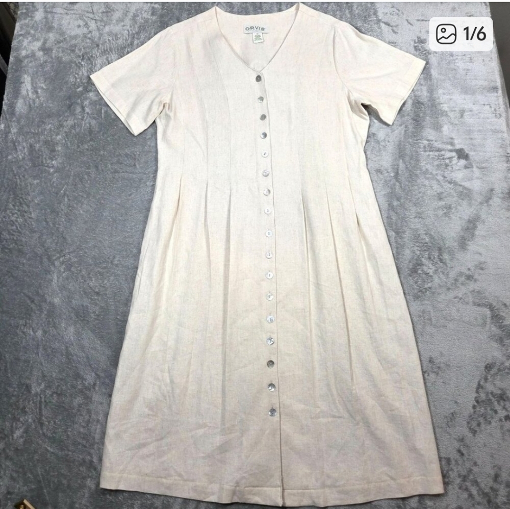 Orvis Dress Womens 14 Beige Linen Blend Button Up Neutral Beachy Lagenlook 90s